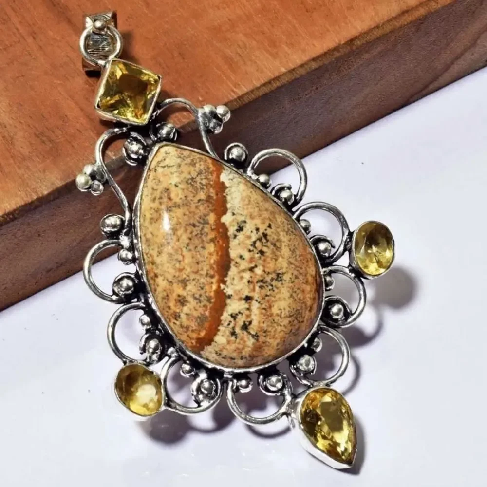 Picture Jasper Citrine Ethnic Handmade Pendant Jewelry 3.4